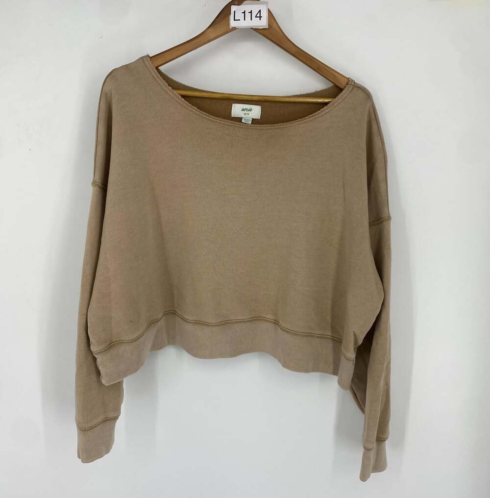 Aerie Dusty Tan Off Shoulder Cropped Sweatshirt XS Oversized Terry Pullover Fall